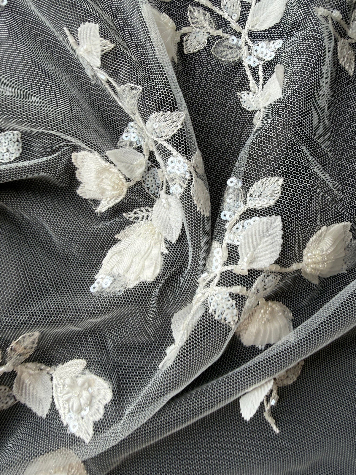 Ivory 3D Emb Beaded Tulle - EB1063