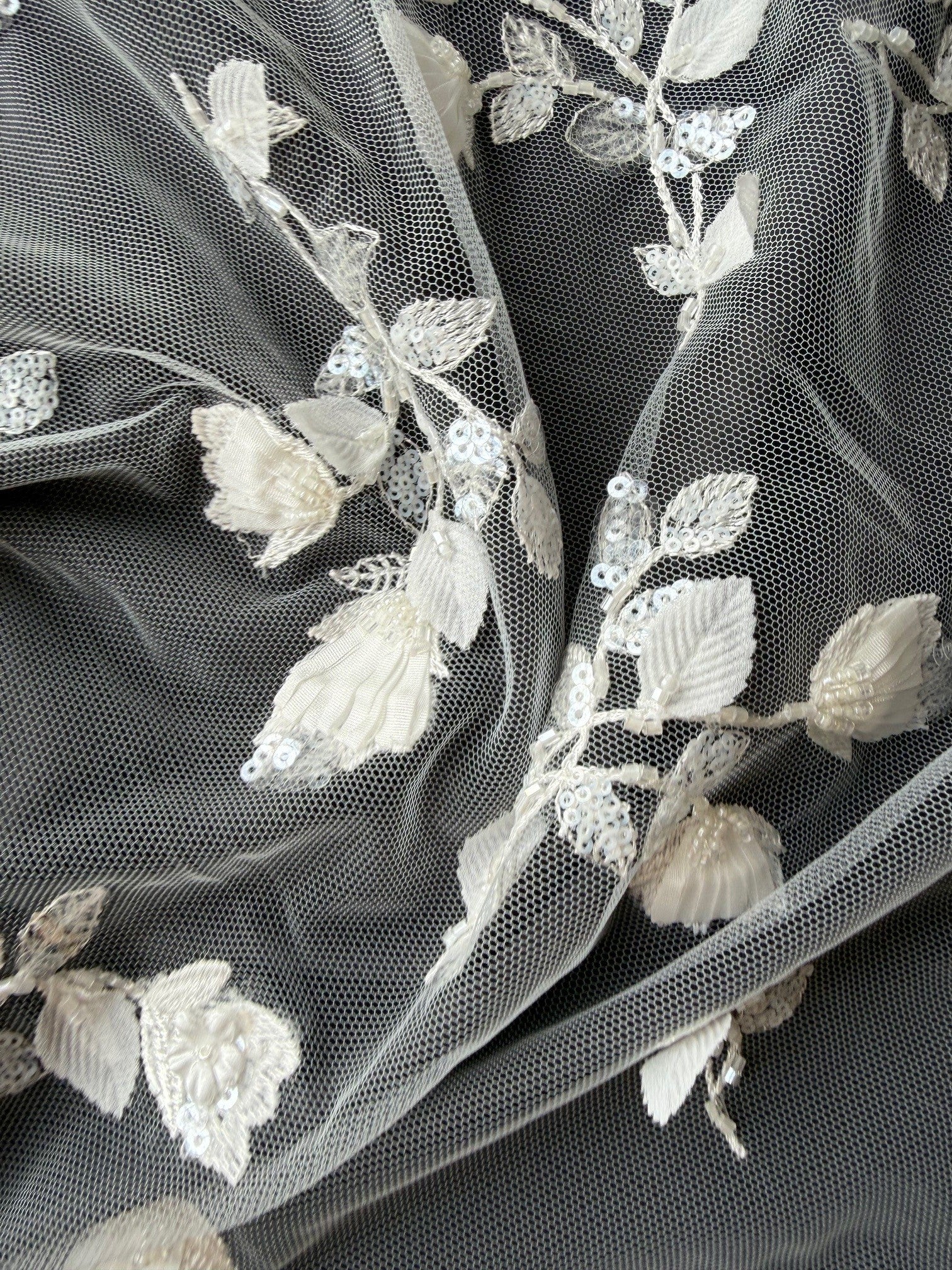 Ivory 3D Emb Beaded Tulle - EB1063