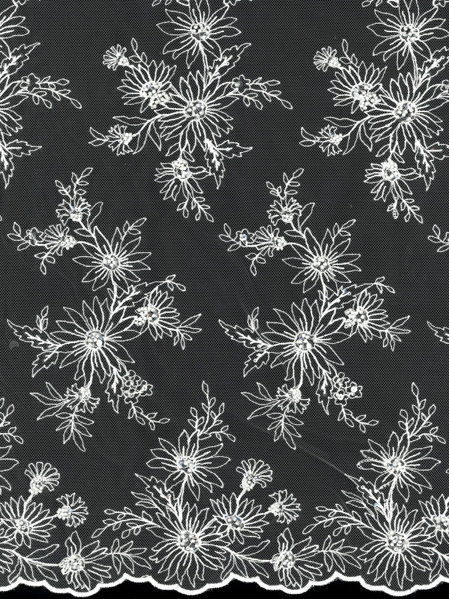 S Ivory Emb Beaded Tulle - EB1084