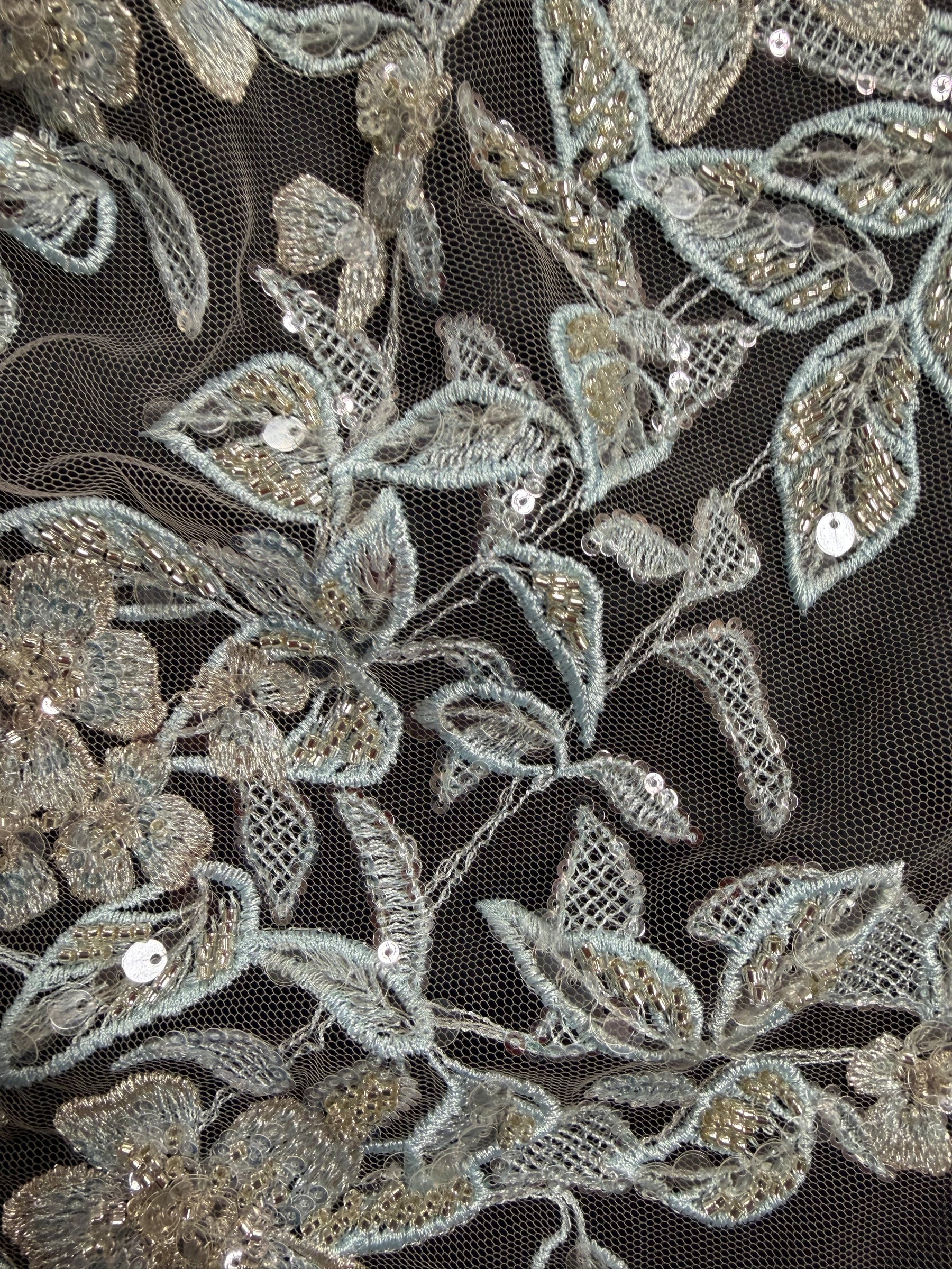 Grey/Blue Embroidered Beaded Tulle - EB1085