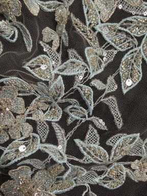 Grey/Blue Embroidered Beaded Tulle - EB1085