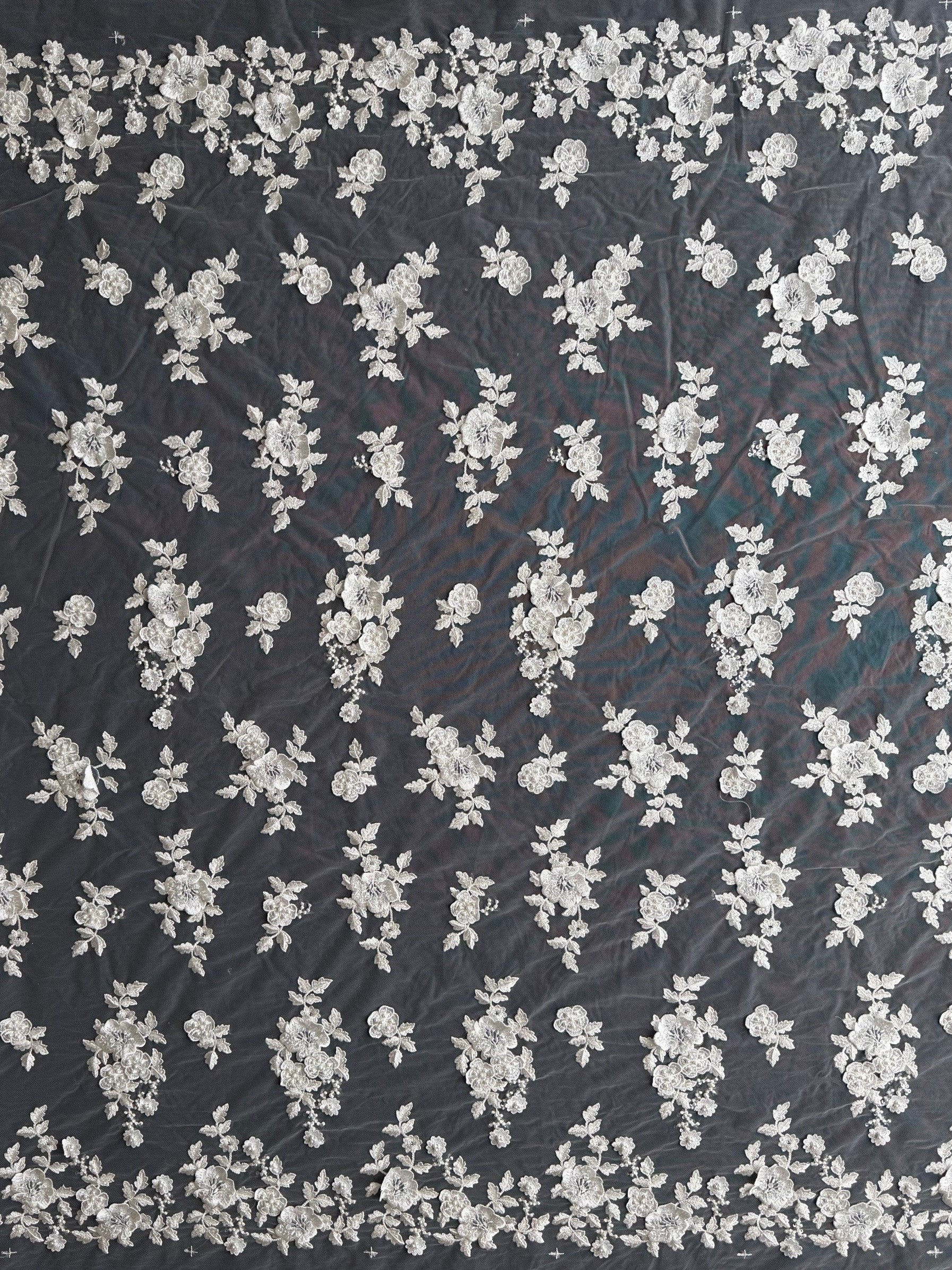 Ivory 3D Emb Beaded Tulle - EB1088