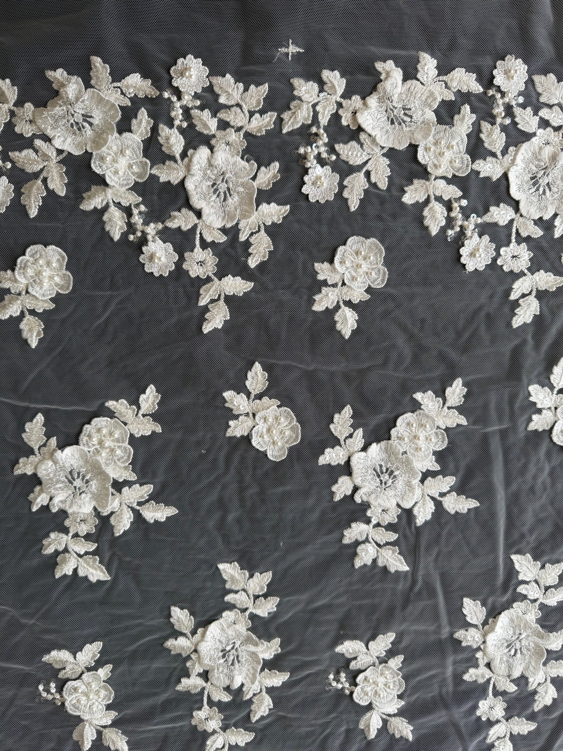 Ivory 3D Emb Beaded Tulle - EB1088