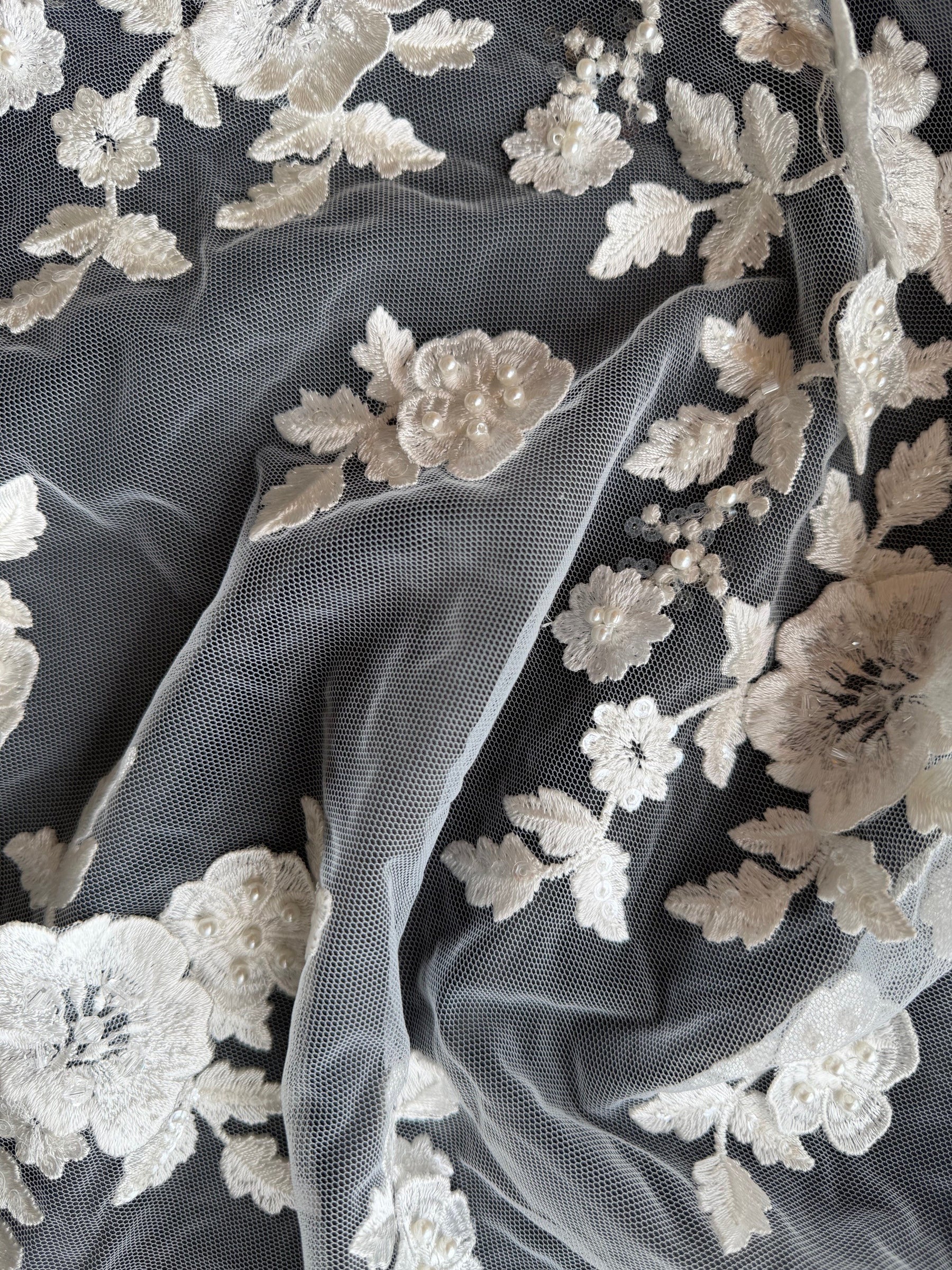 Ivory 3D Emb Beaded Tulle - EB1088