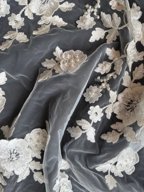 Ivory 3D Emb Beaded Tulle - EB1088