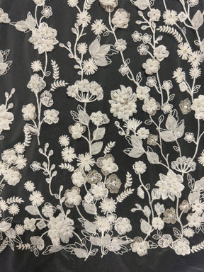 Ivory 3D Emb Beaded Tulle - EB1094