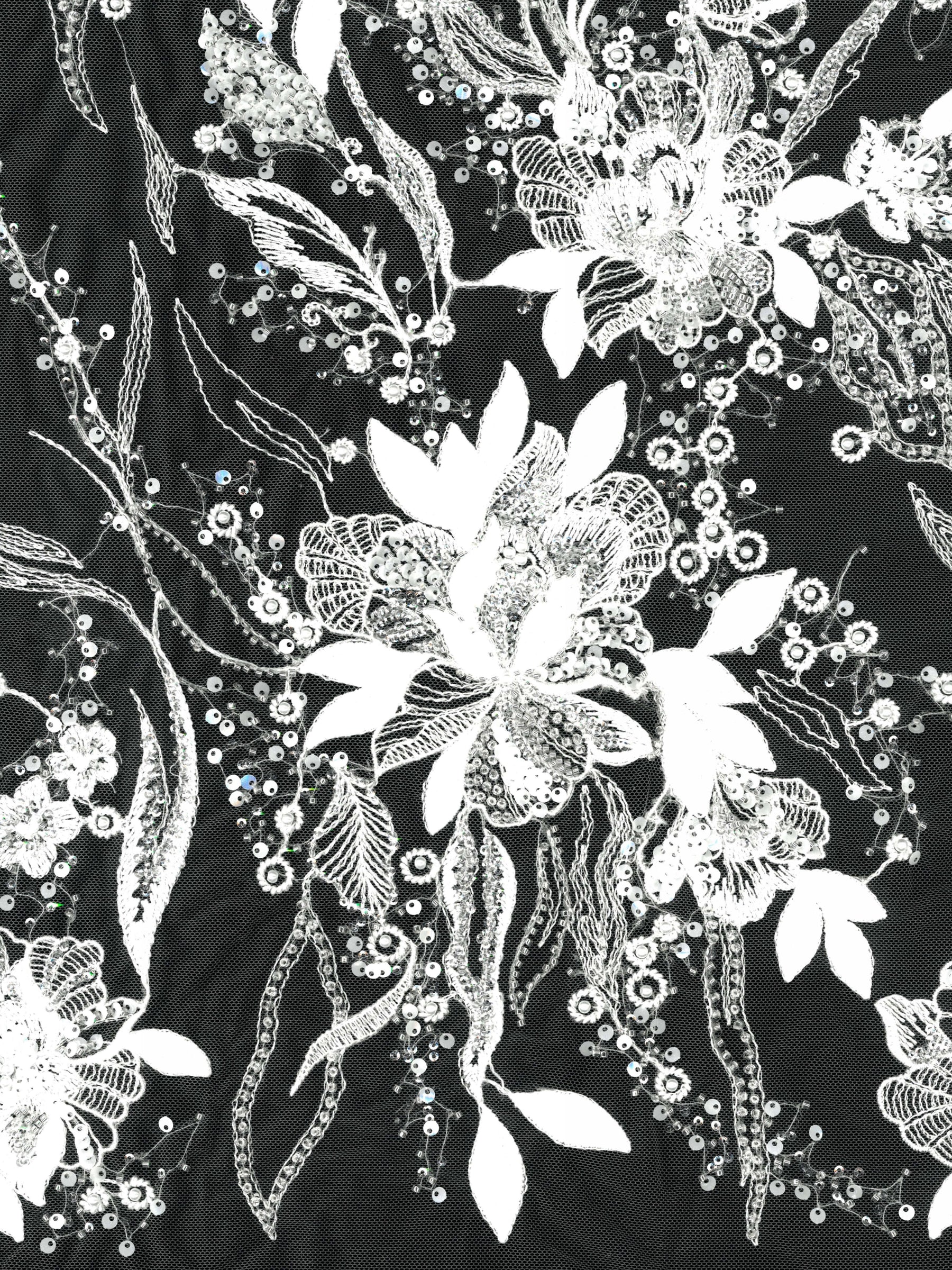 Ivory/Silver Emb Beaded Tulle - EB1098