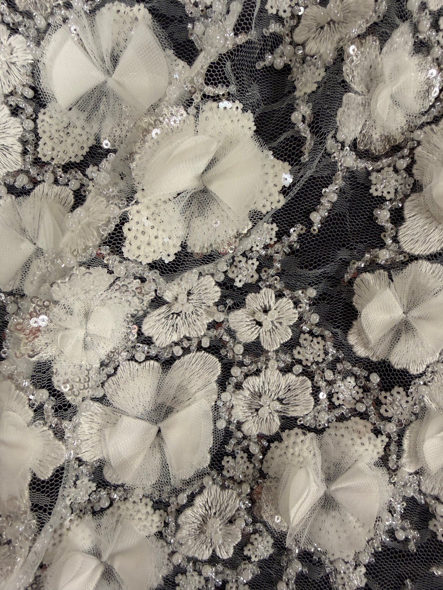 Ivory 3D Emb Beaded Tulle - EB1106