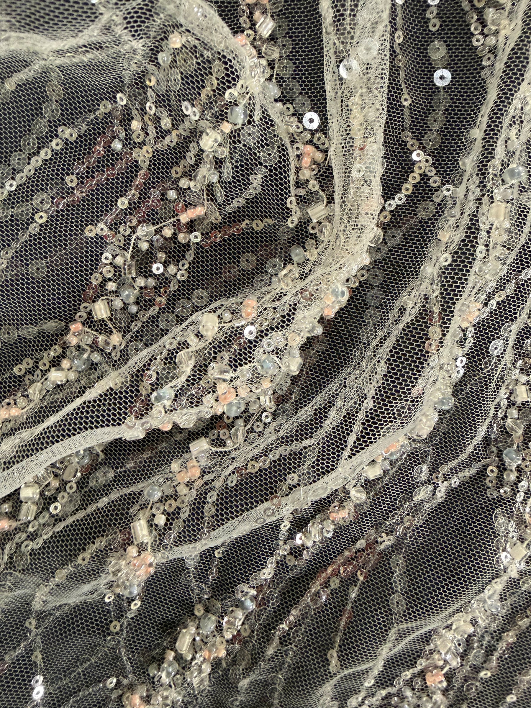 Ivory/Pink Embroidered Beaded Tulle - EB1049