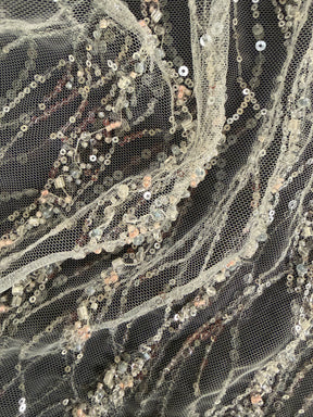 Ivory/Pink Embroidered Beaded Tulle - EB1049