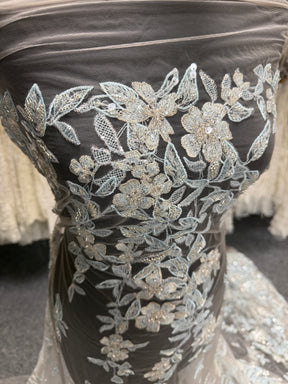 Grey/Blue Embroidered Beaded Tulle - EB1085