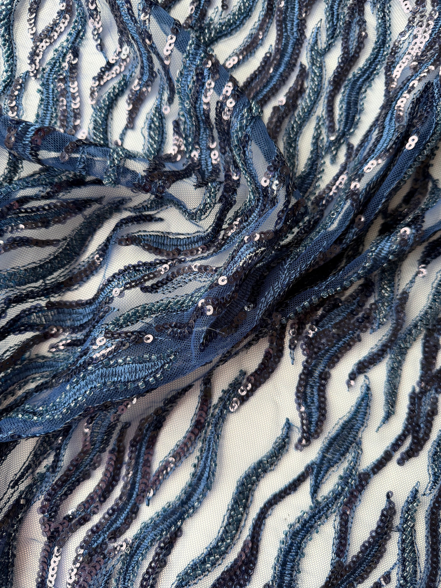 New Navy Embroidered Beaded Tulle - EB1089