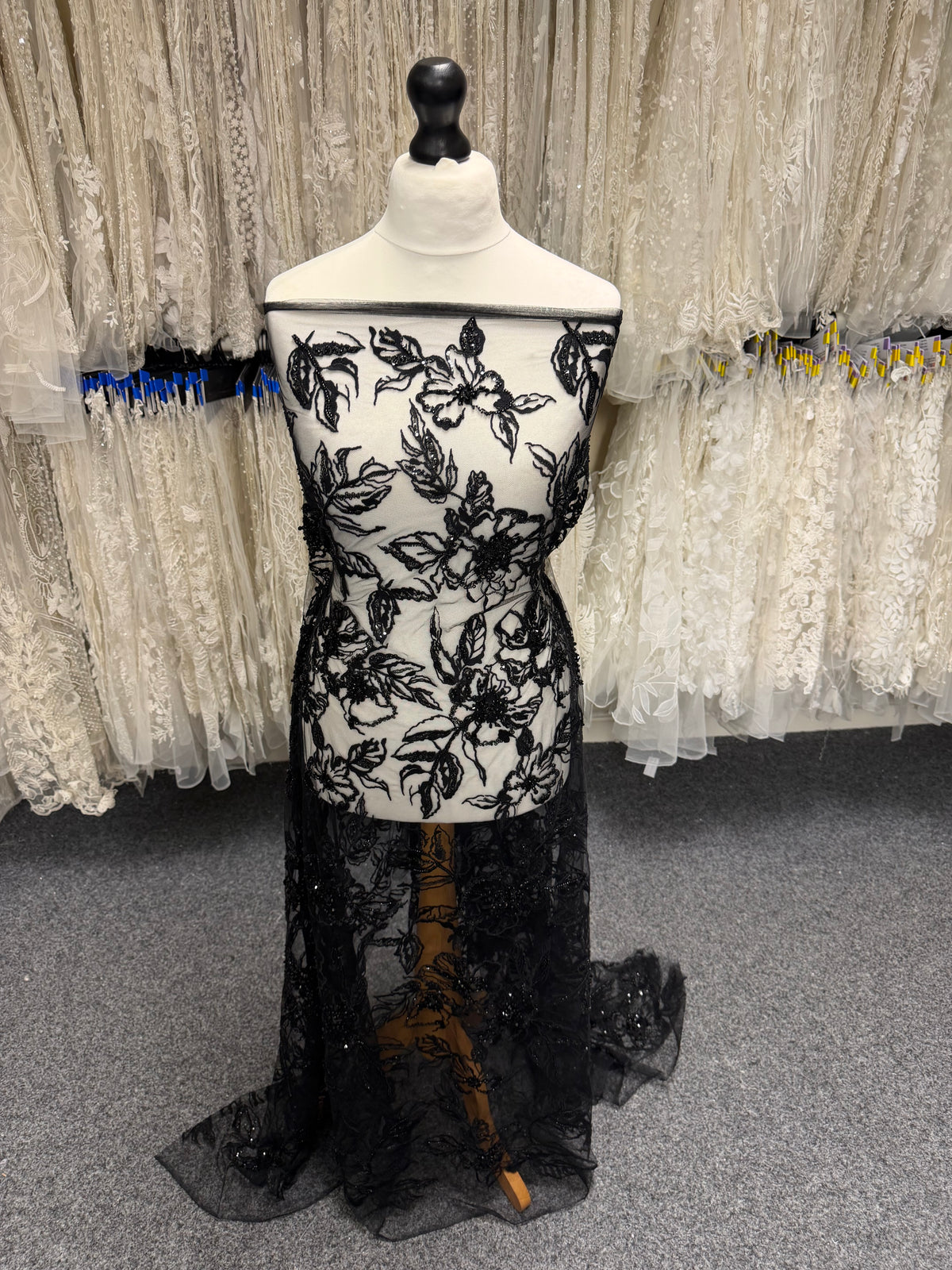 Black Embroidered Beaded Tulle - EB1100