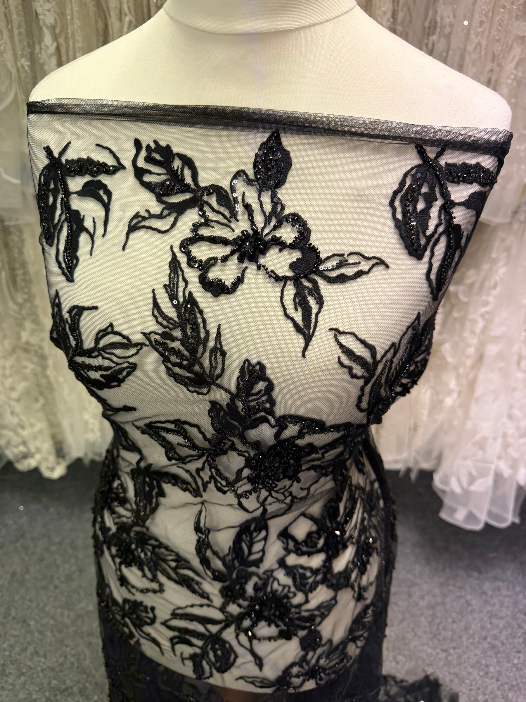 Black Embroidered Beaded Tulle - EB1100