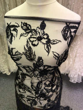 Black Embroidered Beaded Tulle - EB1100
