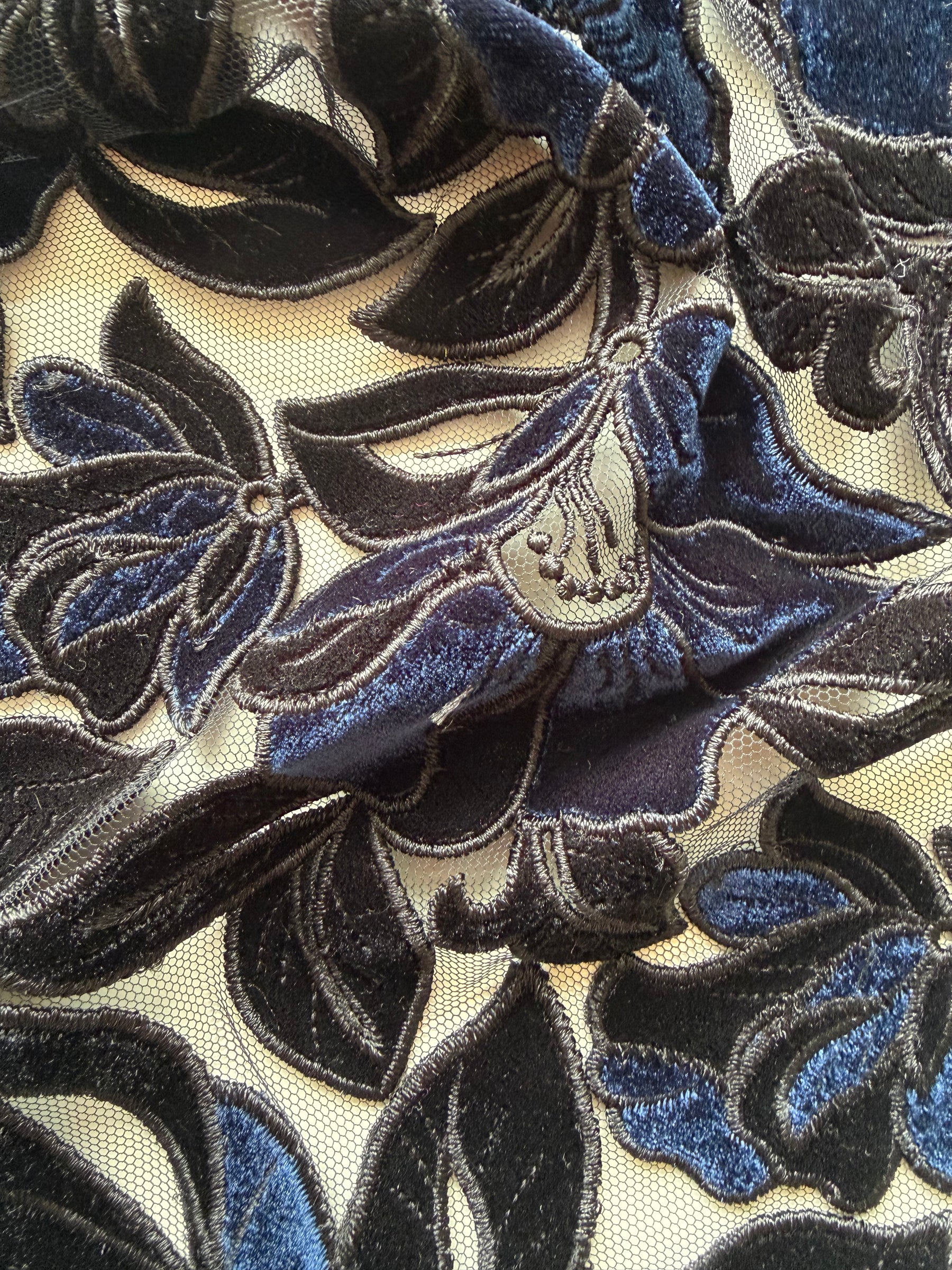 Black and Navy Velvet Embroidery Lace - EB5025