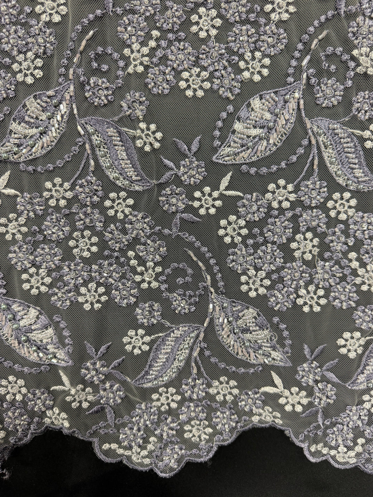 Grey/Indigo Embroidered Tulle - EB1013