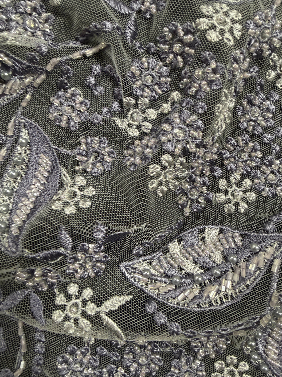 Grey/Indigo Embroidered Tulle - EB1013