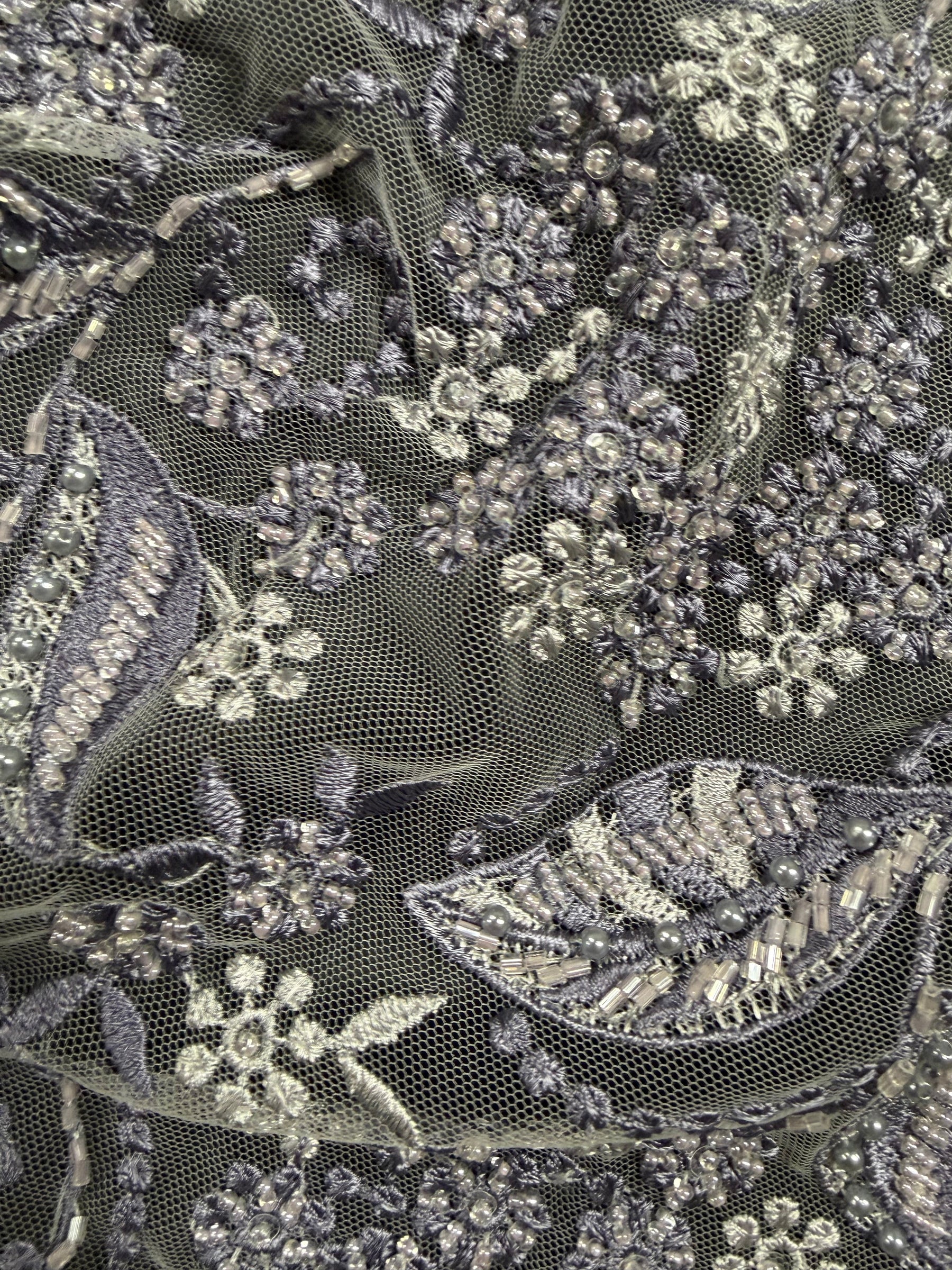 Grey/Indigo Embroidered Tulle - EB1013