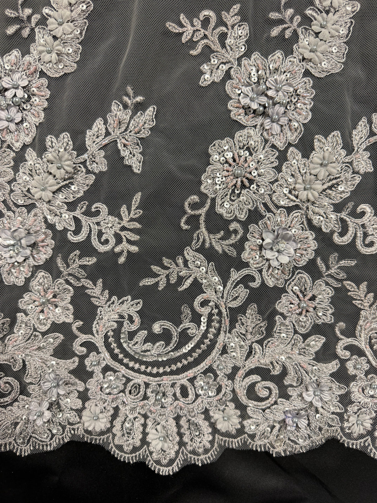 Dark Grey 3D Embroidered Beaded Tulle - EB1030