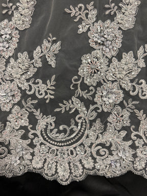 Dark Grey 3D Embroidered Beaded Tulle - EB1030