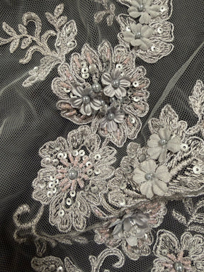 Dark Grey 3D Embroidered Beaded Tulle - EB1030