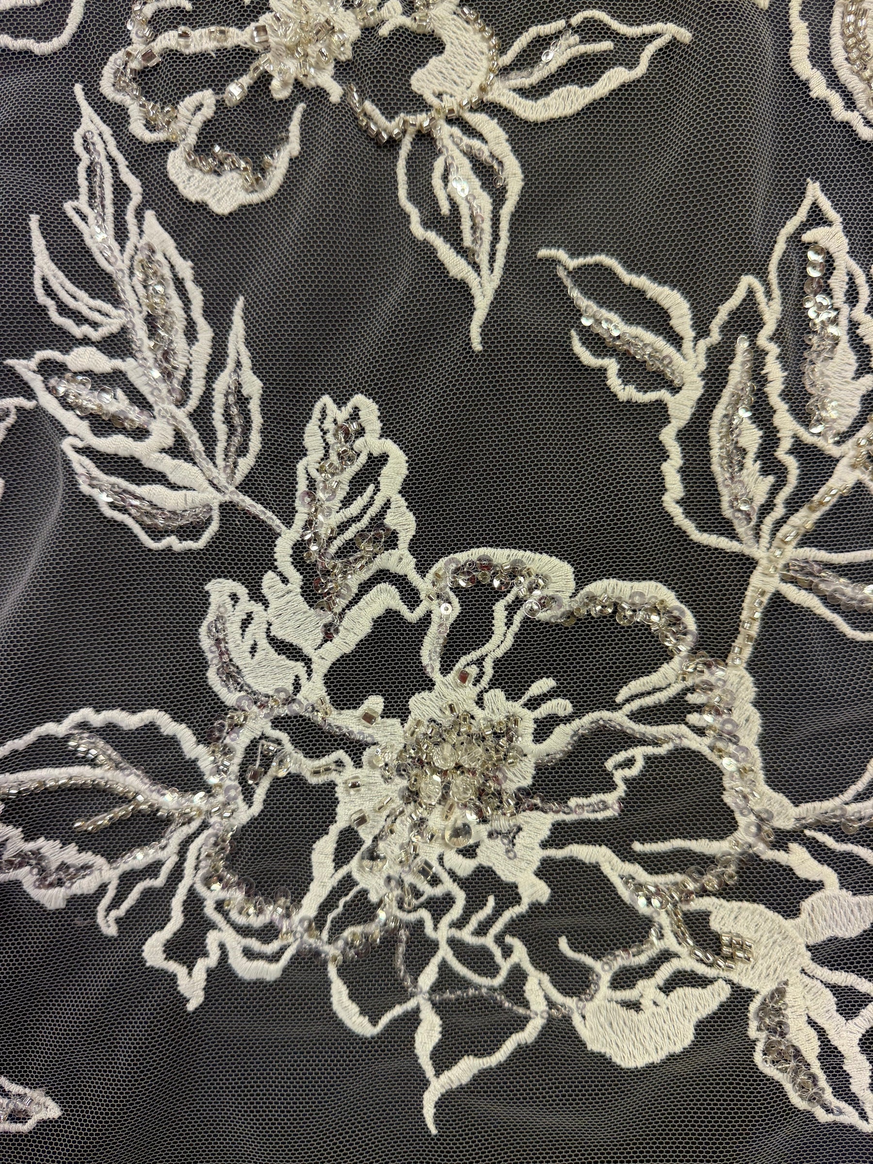 Ivory/Silver Embroidered Beaded Lace - EB1100
