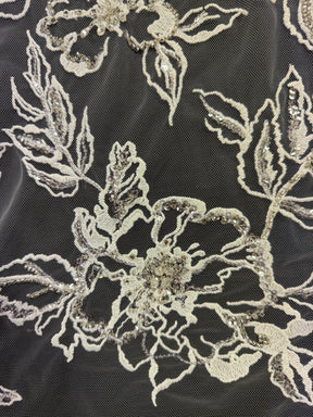 Ivory/Silver Embroidered Beaded Lace - EB1100