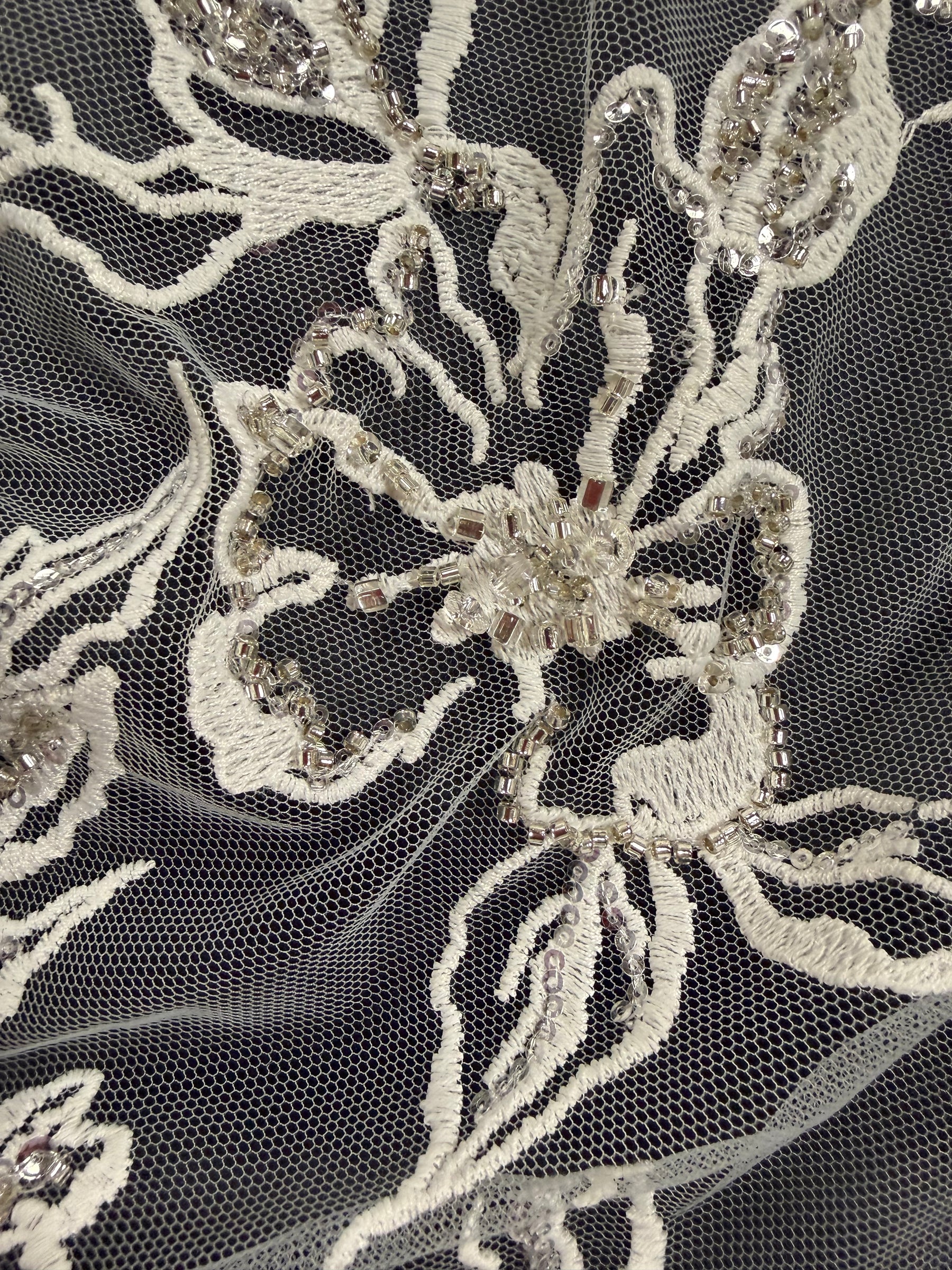 Ivory/Silver Embroidered Beaded Lace - EB1100