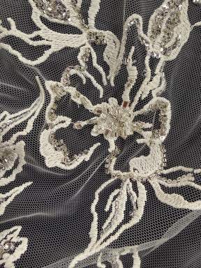 Ivory/Silver Embroidered Beaded Lace - EB1100
