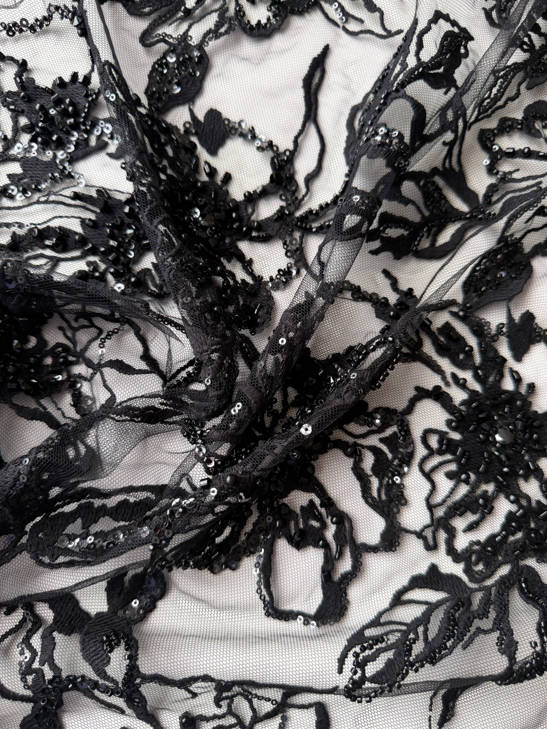 Black Embroidered Beaded Tulle - EB1100
