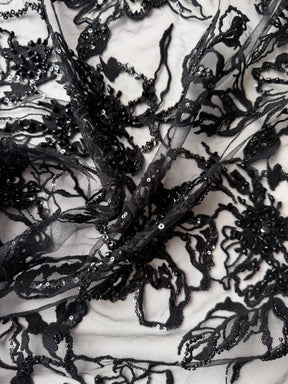 Black Embroidered Beaded Tulle - EB1100