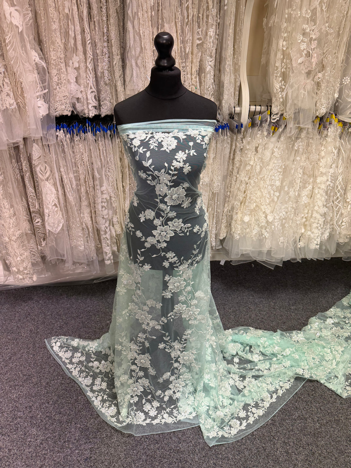 Light Green Embroidered Beaded Tulle - EB1090