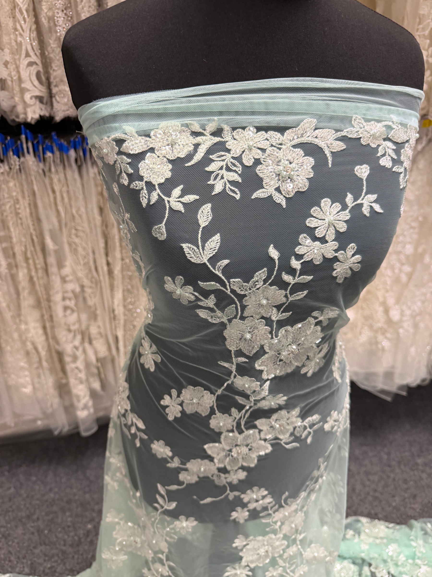 Light Green Embroidered Beaded Tulle - EB1090