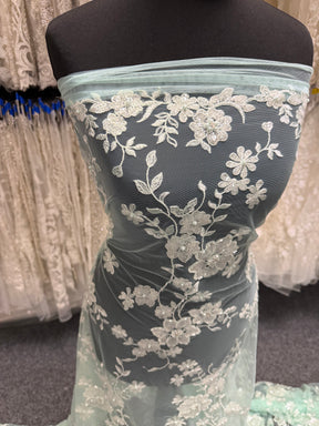 Light Green Embroidered Beaded Tulle - EB1090