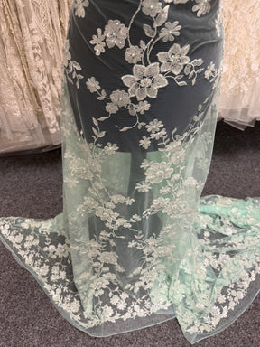 Light Green Embroidered Beaded Tulle - EB1090