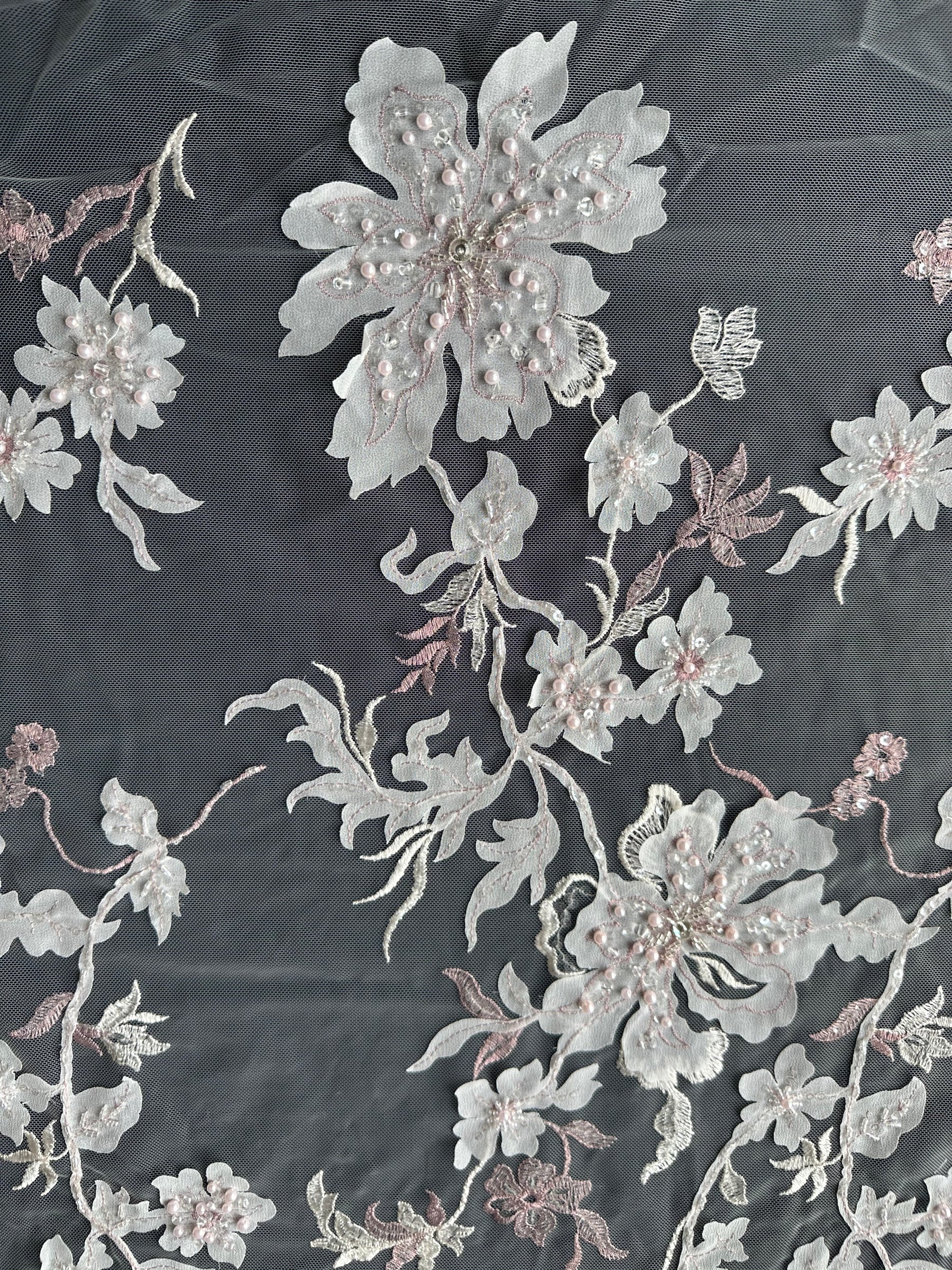 Pink & Ivory Embroidered Lace - EB1015