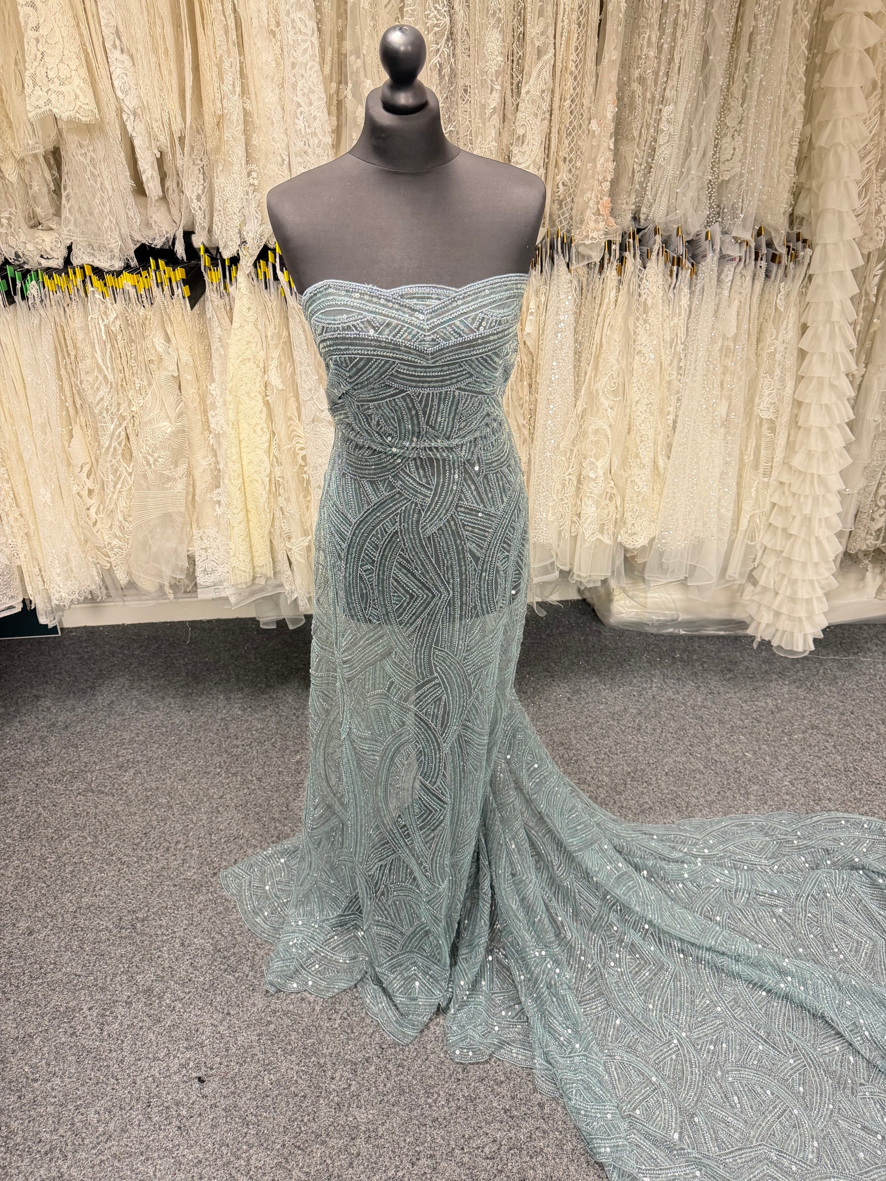 Smokey Green Embroidered Beaded Tulle - EB1056