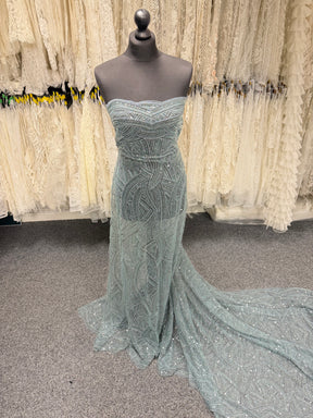 Smokey Green Embroidered Beaded Tulle - EB1056