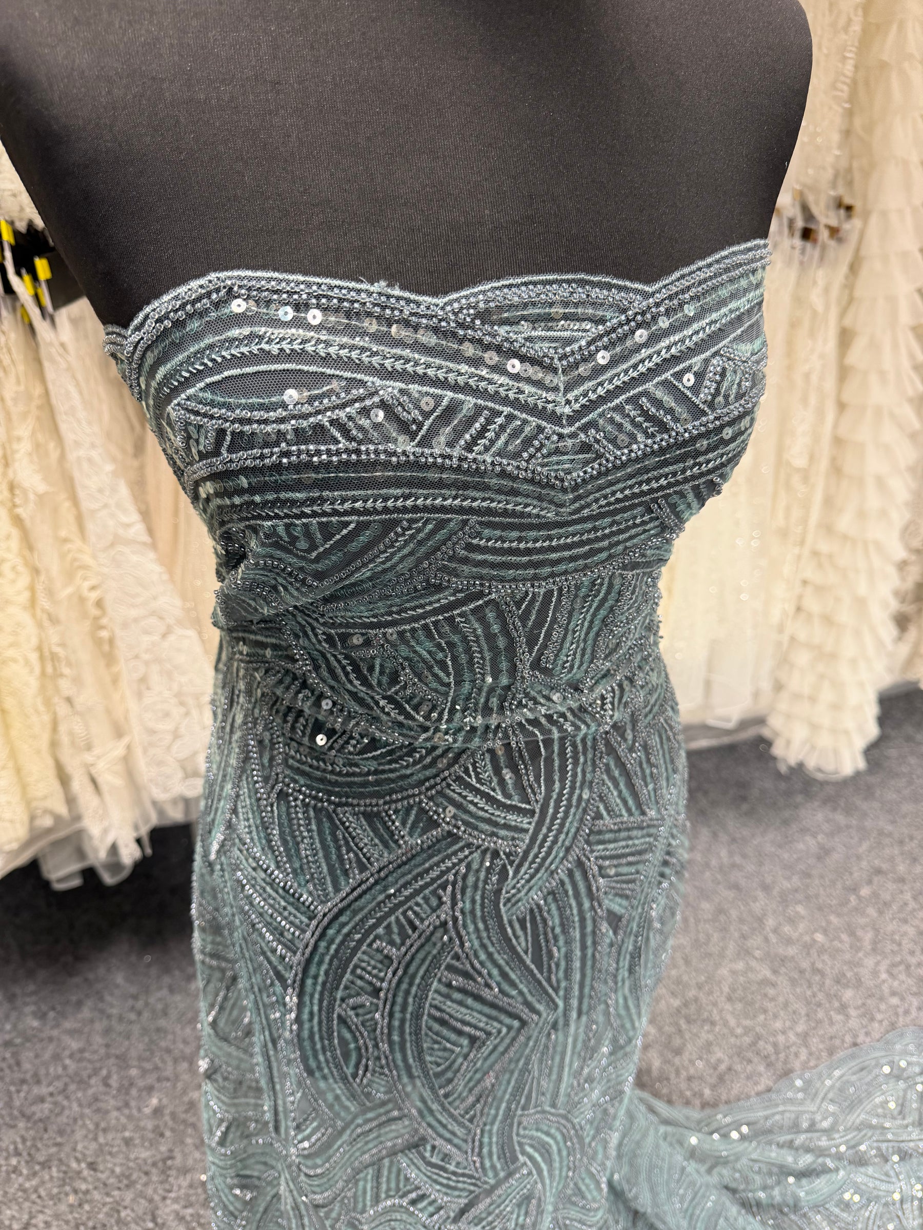 Smokey Green Embroidered Beaded Tulle - EB1056