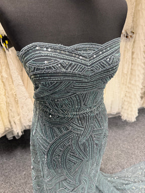 Smokey Green Embroidered Beaded Tulle - EB1056