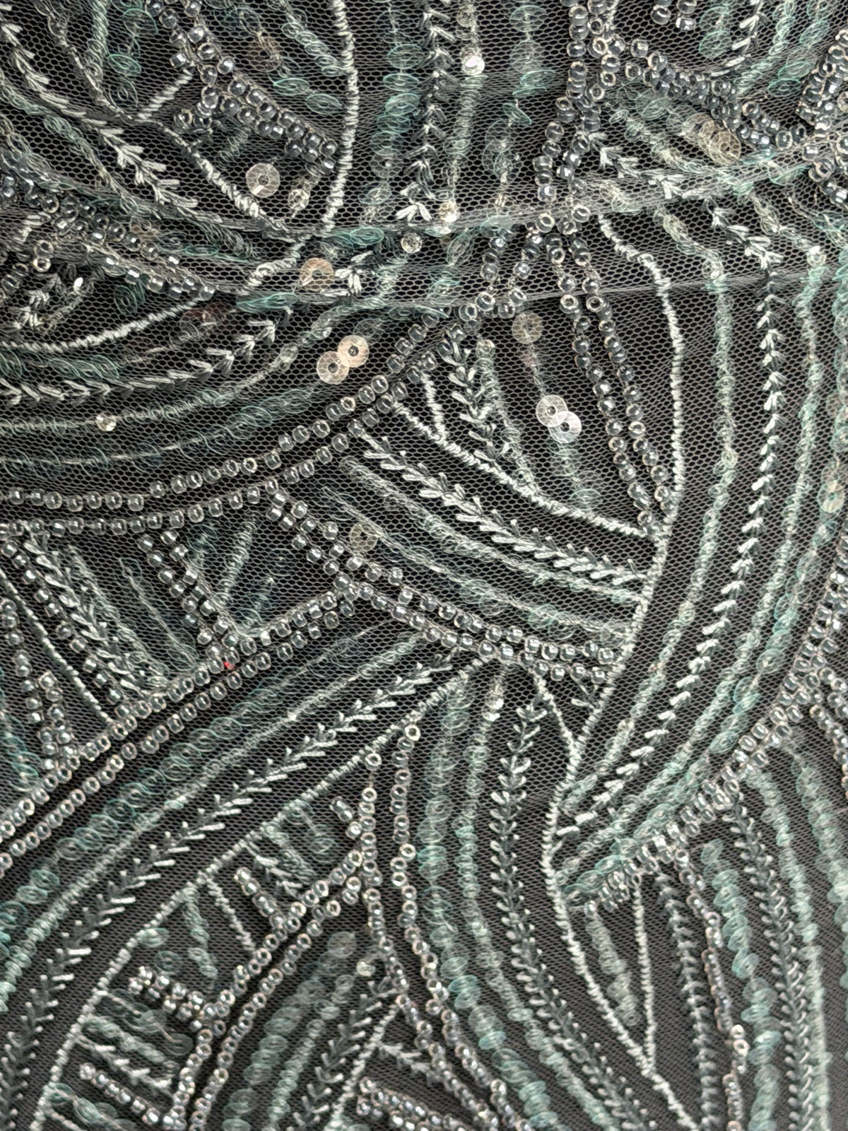 Smokey Green Embroidered Beaded Tulle - EB1056