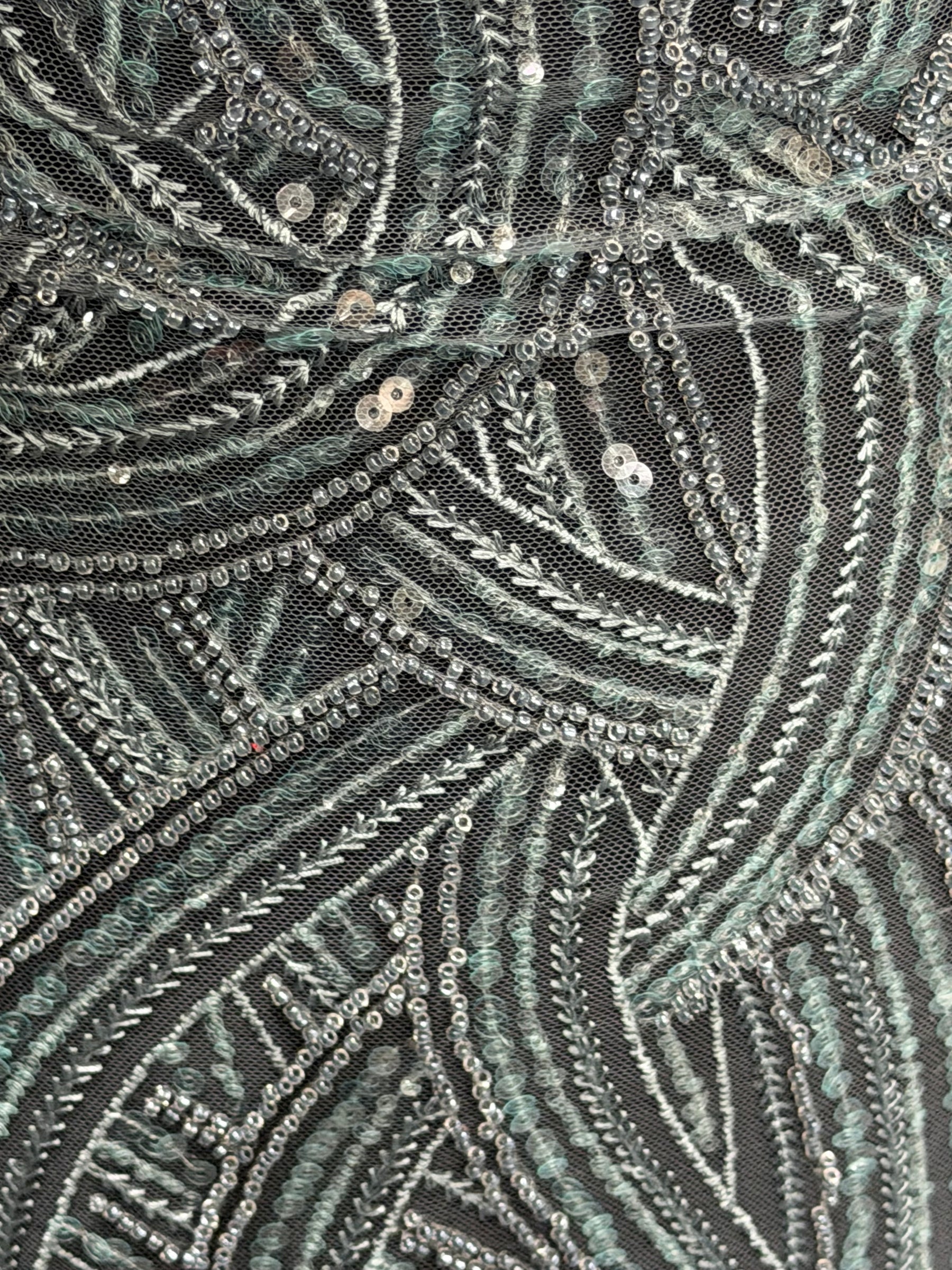 Smokey Green Embroidered Beaded Tulle - EB1056