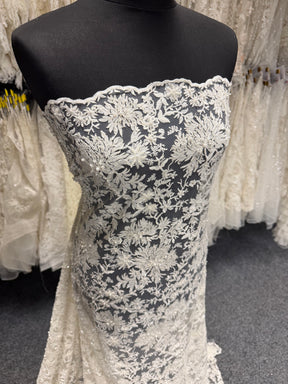 Ivory/Silver Embroidered Beaded Lazer Cut Tulle - EB1075