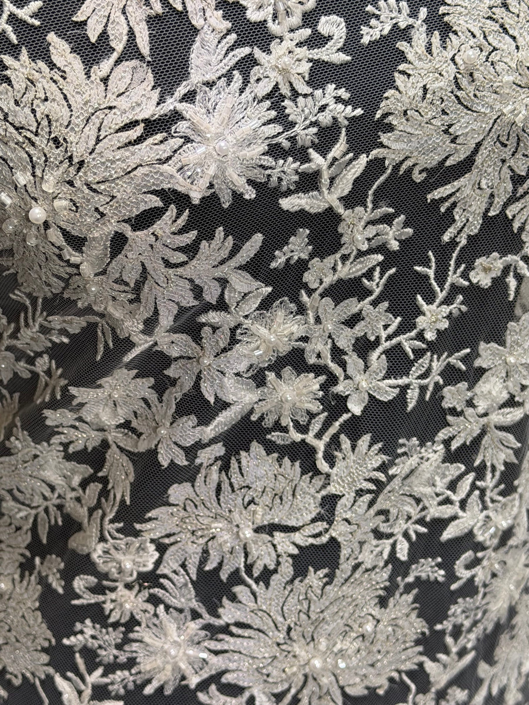 Ivory/Silver Embroidered Beaded Lazer Cut Tulle - EB1075
