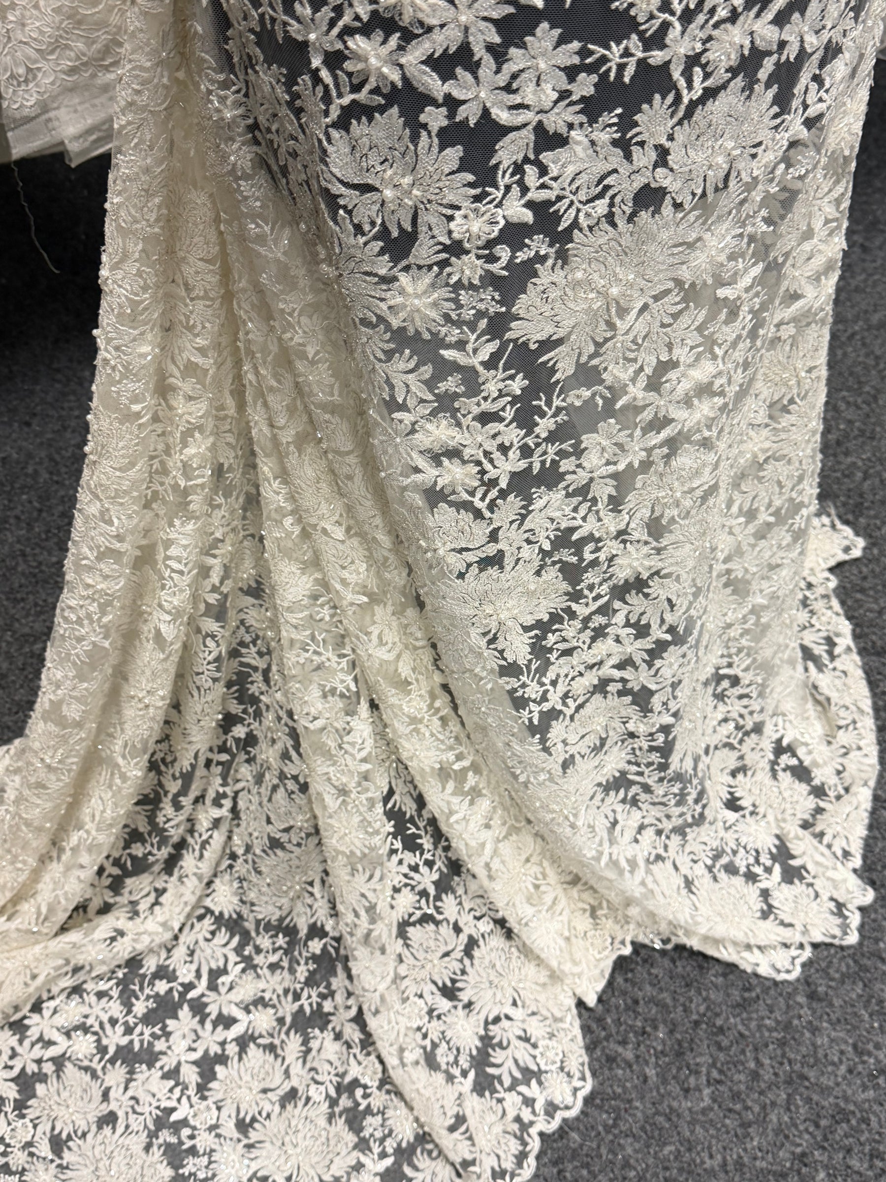 Ivory/Silver Embroidered Beaded Lazer Cut Tulle - EB1075