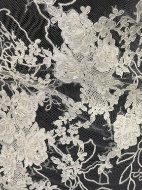 Ivory Embroidered Beaded Tulle - EB1042