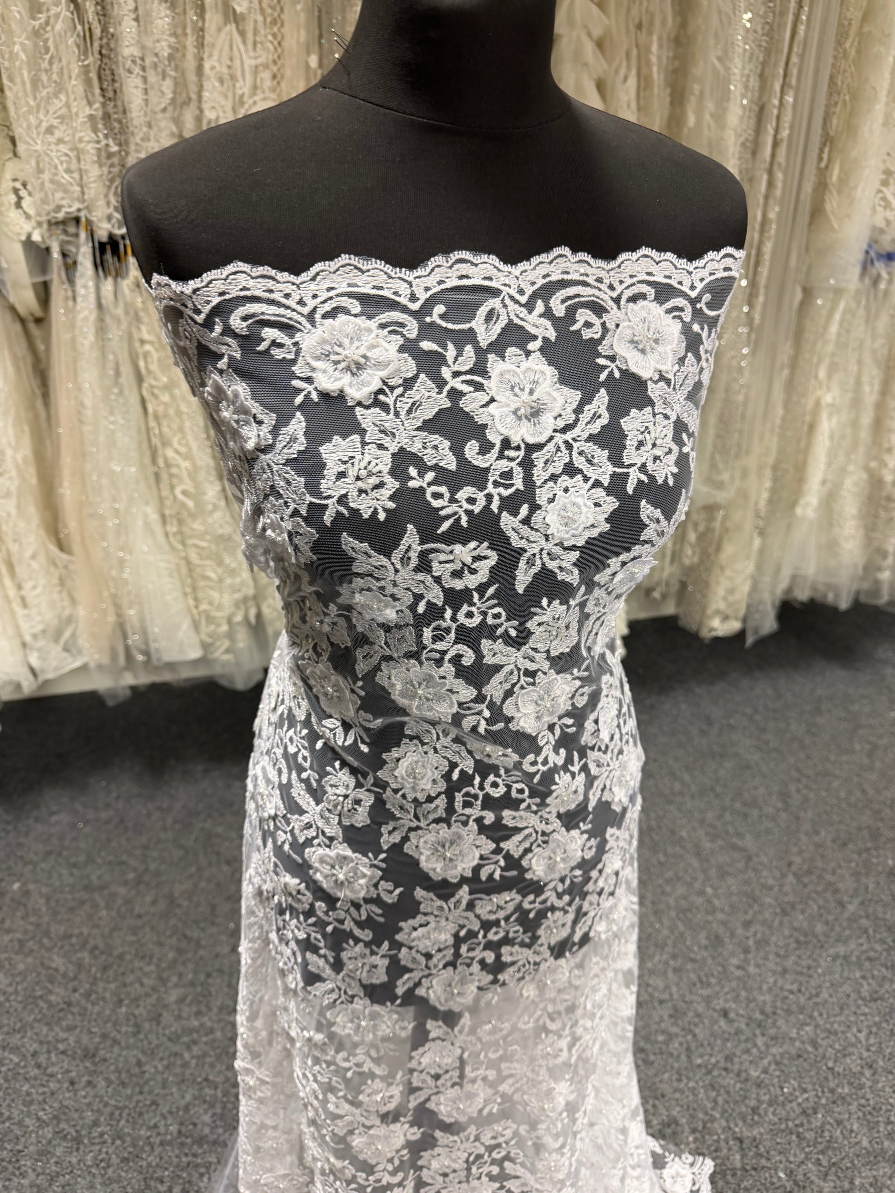 White 3D Embroidered Beaded Tulle - EB1003