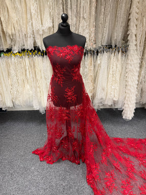 Red Embroidered Beaded Tulle - EB1007