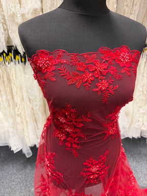 Red Embroidered Beaded Tulle - EB1007